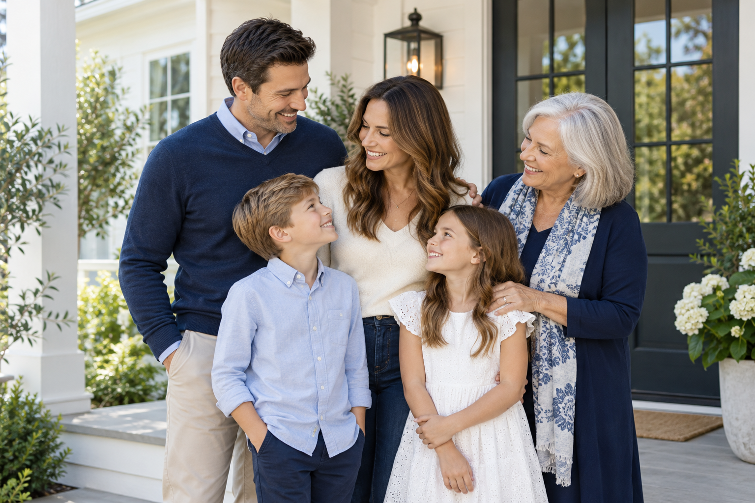 Illustrative family enjoying time together outside their home
