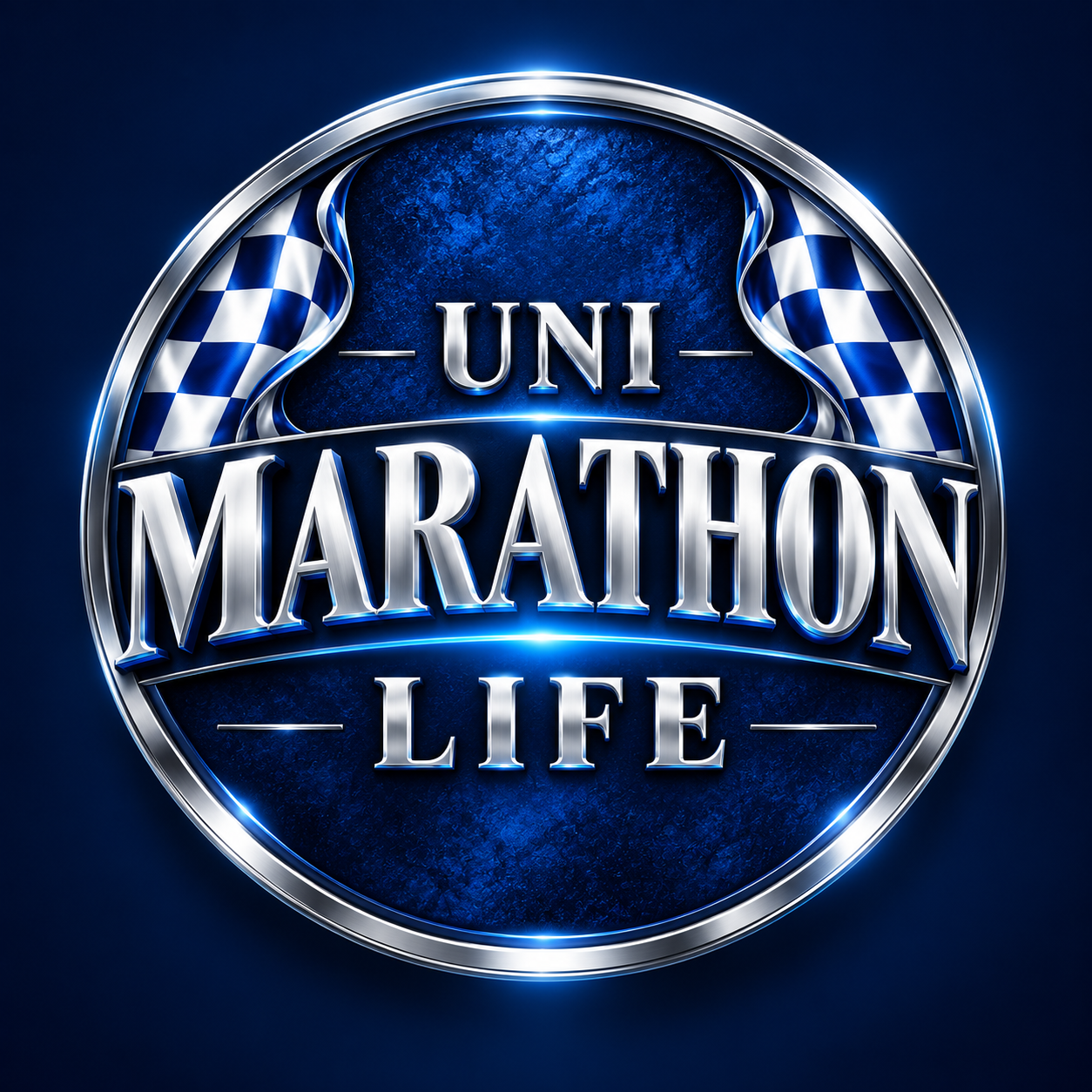 Marathon Life blue and silver checkered flag emblem