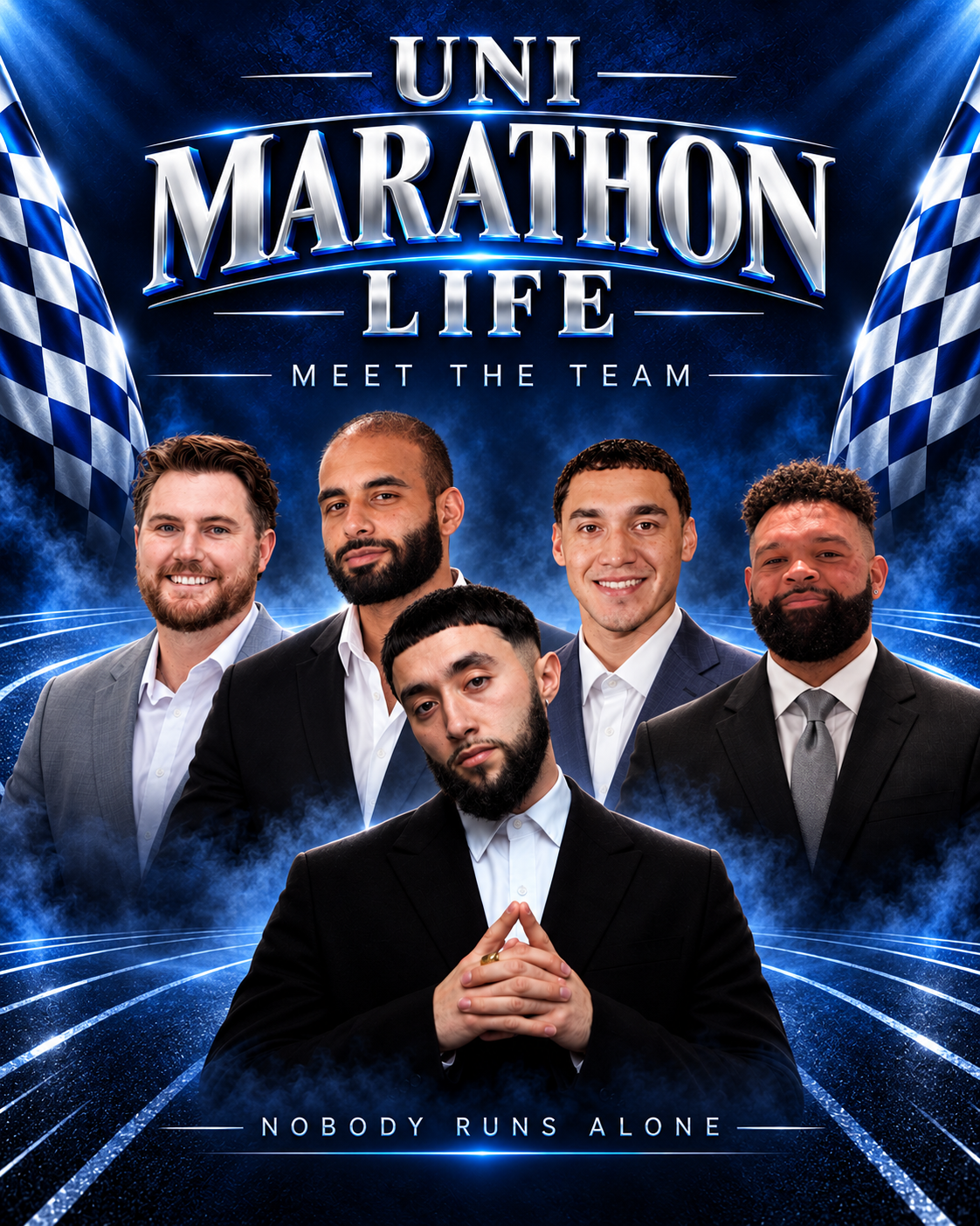 The five-person Marathon Life team in blue and silver branding